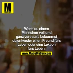 Wenn du einem Menschen voll und ganz vertraust, bekommst du entweder einen Freund fürs Leben oder eine Lektion fürs Lebe