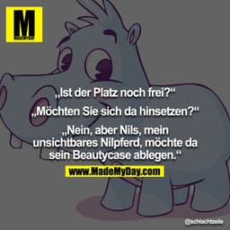 "Ist der Platz noch frei?" - "Möchten Sie sich da hinsetzen?" - "Nein, aber Nils, mein unsichtbares Nilpferd, möchte da 
