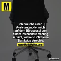 Ich brauche einen Assistenten, der mich auf dem Bürosessel von einem ins nächste Meeting schiebt, während ich meine Siam