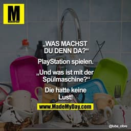 "WAS MACHST DU DENN DA?"

"PlayStation spielen"

"Und was ist mit der Spülmaschine?"

"Die hatte keine Lust!"