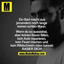 Ein Bart macht noch lange keinen echten Mann aus jemandem, 
wenn du so aussiehst, 
aber keinen Baum fällen, 
kein Auto r