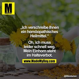 "Ich verschreibe Ihnen ein homöopathisches Heilmittel." - "Oh, ich muss leider schnell weg. Mein Einhorn steht im Haltev