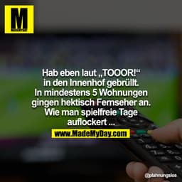 Hab eben laut "TOOOR!" in den Innenhof gebrüllt.
In mindestens 5 Wohnungen gingen hektisch Fernseher an.
Wie man spielfr