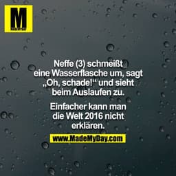 Neffe (3) schmeißt eine Wasserflasche um, sagt "Oh, schade!" und sieht beim Auslaufen zu.

Einfacher kann man die Welt 2