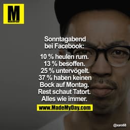 Sonntagabend bei Facebook: 

10% heulen rum. 
13% besoffen. 
25% untervögelt.
37% haben keinen bock auf Montag. 
Rest sc