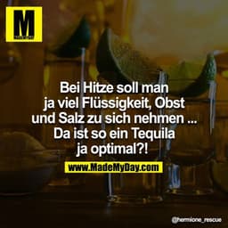 Bei Hitze soll man ja viel Flüssigkeit, Obst und Salz zu sich nehmen.... Da ist so ein Tequila ja optimal?! 
