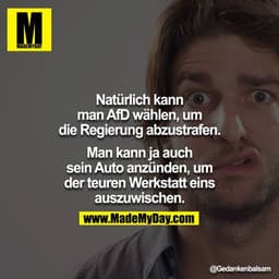 Natürlich kann man AfD wählen, um die Regierung abzustrafen.
Man kann ja auch sein Auto anzünden, um der teuren Werkstat