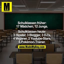 Schulklassen früher:
17 Mädchen, 12 Jungs.
Schulklassen heute:
3 Hipster, 3 Blogger, 3 DJ's, 4 Veganer, 2 Youtubestars, 