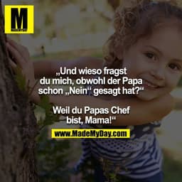 "Und wieso fragst du mich, obwohl der Papa schon 'Nein' gesagt hat?" - "Weil du Papa´s Chef bist, Mama!" 
