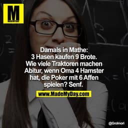 Damals in Mathe: 3 Hasen kaufen 9 Brote. Wie viele Traktoren machen Abitur, wenn Oma 4 Hamster hat, die Poker mit 6 Affe