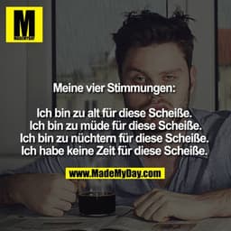Meine vier Stimmungen: 

Ich bin zu alt für diese Scheiße. 
Ich bin zu müde für diese Scheiße.
Ich bin zu nüchtern für d