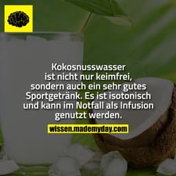 Kokosnusswasser ist nicht nur keimfrei, sondern auch ein sehr gutes Sportgetränk. Es ist isotonisch und kann im Notfall 