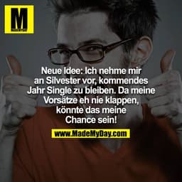 Neue Idee: Ich nehme mir an Silvester vor, kommendes Jahr Single zu bleiben. Da meine Vorsätze eh nie klappen, könnte da