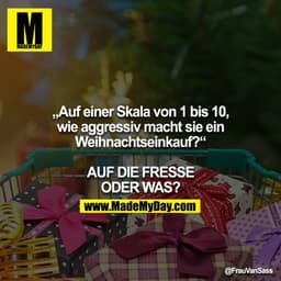 „Auf einer Skala von 1 bis 10, wie aggressiv macht sie ein Weihnachtseinkauf?“

AUF DIE FRESSE ODER WAS?