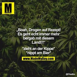 „Boah, Drogen auf Rezept! Es geht echt immer mehr bergab mit diesem Land!!!“

*zieht an der Kippe* 
*nippt am Bier* "