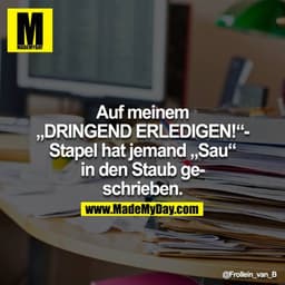 Auf meinem „DRINGEND ERLEDIGEN!“-Stapel hat jemand „Sau“ in den Staub geschrieben.