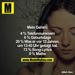 Mein Gehirn:

4 % Telefonnummern
6 % Geburtstage
20 % Was er vor 13 Jahren, um 13:45 Uhr gesagt hat.
73 % Song-Lyrics
0 