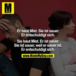 Er baut Mist. Sie ist sauer. Er entschuldigt sich.

Sie baut Mist. Er ist sauer. Sie ist sauer, weil er sauer ist.
Er en