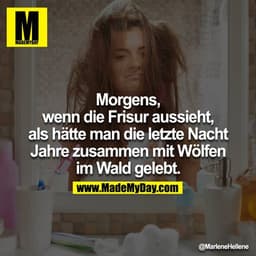 Morgens, wenn die Frisur aussieht, als hätte man die letzte Nacht
Jahre zusammen mit Wölfen im Wald gelebt.