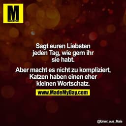 Sagt euren Liebsten jeden Tag, wie gern ihr sie habt.

Aber macht es nicht zu kompliziert, Katzen haben einen eher klein