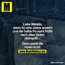 Liebe Mädels, wenn ihr eine Jeans anzieht und der halbe Po samt Hüfte nach allen Seiten überquillt ...

Dann passt die H
