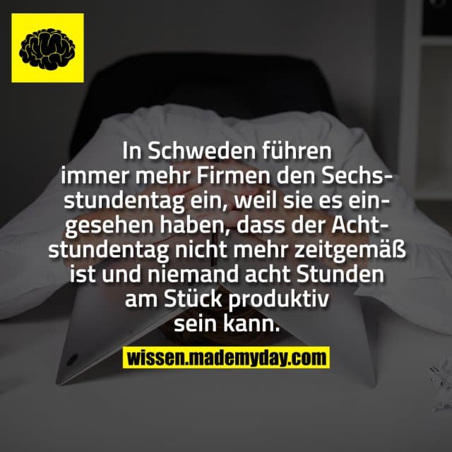 In Schweden führen immer mehr Firmen den Sechsstundentag ein, weil sie es eingesehen haben, dass der Achtstundentag nic…
