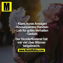 - Klare, kurze Ansagen
- Konsequentes Handeln
- Lob für gutes Verhalten
- Geduld

Der Hunderflüsterer hat mir viel über 