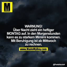 WARNUNG!

Über Nacht zieht ein heftiger MONTAG auf. In den Morgenstunden kann es zu starkem Mimimi kommen. Mit Beruhigun
