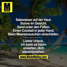 Salzwasser auf der Haut.
Sonne im Gesicht.
Sand unter den Füßen.
Einen Cocktail in jeder Hand.
Beim Meeresrauschen einsc