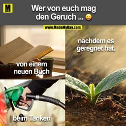 Wer von euch mag
den Geruch ...
nachdem es
geregnet hat.
von einem
neuen Buch
beim Tanken