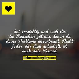Sei vorsichtig und such dir die Menschen gut aus, denen du deine Probleme anvertraust. Nicht jeder, der dich anlächelt, 