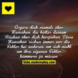 Ärgere dich niemals über Menschen, die hinter deinem Rücken über dich herziehen. Diese Menschen suchen immer nur die Feh