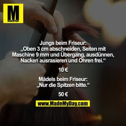 Jungs beim Friseur: „Oben 3 cm abschneiden, Seiten mit Maschine 9 mm und Übergang, ausdünnen, Nacken ausrasieren und Ohr