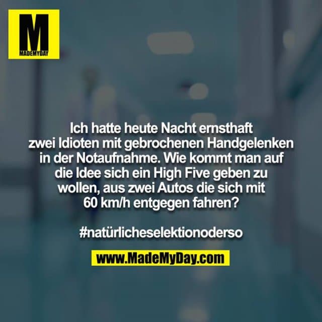 Ich hatte heute Nacht ernsthaft zwei Idioten mit gebrochenen Handgelenken in der Notaufnahme. Wie kommt man auf die Idee sich ein High Five geben zu wollen, aus zwei Autos die sich mit 60km/h entgegen fahren? #natürlicheselektionoderso - Inspiration, Zitate & Sprüche | MadeMyDay | Jetzt entdecken & teilen Ich hatte heute Nacht ernsthaft zwei Idioten mit gebrochenen Handgelenken in der Notaufnahme. Wie kommt man auf die Idee sich ein High Five geben zu wollen, aus zwei Autos die sich mit 60km/h entgegen fahren? #natürlicheselektionoderso - Inspirierendes Zitat mit Bild