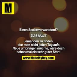 Einen Seelenverwandten!?

Echt jetzt!?

Jemanden zu finden, den man nicht jeden Tag aufs Neue umbringen möchte, wäre doc