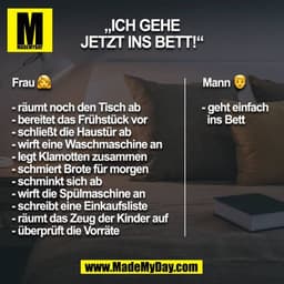 „ICH GEHE
JETZT INS BETT!"
Mann
Frau
- räumt noch den Tisch ab
- geht einfach
ins Bett
- bereitet das Frühstück vor
- sc