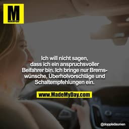 Ich will nicht sagen, dass ich ein anspruchsvoller Beifahrer bin. Ich bringe nur Bremswünsche, Überholvorschläge und Sch