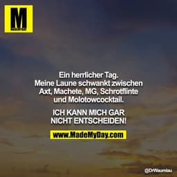 Ein herrlicher Tag. Meine Laune schwankt zwischen Axt, Machete, MG, Schrotflinte und Molotowcocktail.

ICH KANN MICH GAR