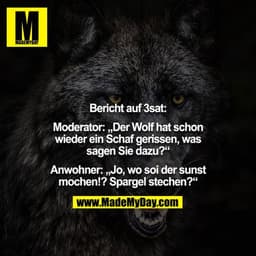 Bericht auf 3sat:

Moderator: „Der Wolf hat schon wieder ein Schaf gerissen, was sagen Sie dazu?“

Anwohner: „Jo, wo soi