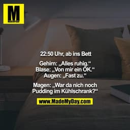 22:50 Uhr, ab ins Bett

Gehirn: „Alles ruhig.“
Blase: „Von mir ein OK.“
Augen: „Fast zu.“

Magen: „War da nich noch Pudd