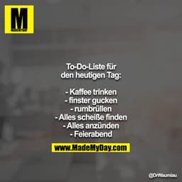 To-Do-Liste für den heutigen Tag:

- Kaffee trinken
- finster gucken
- rumbrüllen
- Alles scheiße finden
- Alles anzünde