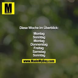 Diese Woche im Überblick:

Montag
Sonntag
Montag
Donnerstag
Freitag 
Samstag
Sonntag