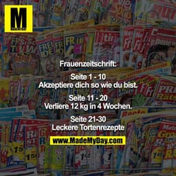 Frauenzeitschrift:

Seite 1 - 10
Akzeptiere dich so wie du bist.

Seite 11 - 20
Verliere 12 kg in 4 Wochen

Seite 21-30
