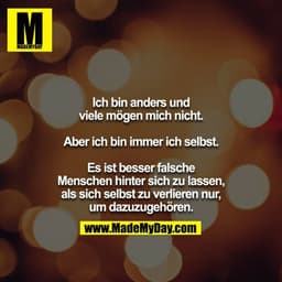 Ich bin anders und viele mögen mich nicht.

Aber ich bin immer ich selbst.

Es ist besser falsche Menschen hinter sich z