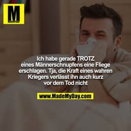 Ich habe gerade TROTZ eines Männerschnupfens eine Fliege
erschlagen. Tja, die Kraft eines wahren Kriegers verlässt ihn a