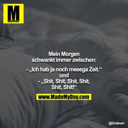 Mein Morgen schwankt immer zwischen:

- „Ich hab ja noch meeega Zeit.“
und
- „Shit, Shit, Shit, Shit,
Shit, Shit!“
