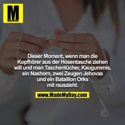 Dieser Moment, wenn man die Kopfhörer aus der Hosentasche ziehen will und man Taschentücher, Kaugummis, ein Nashorn, zwe