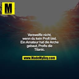 Verzweifle nicht, wenn du kein Profi bist. Ein Amateur hat die Arche gebaut, Profis die Titanic.