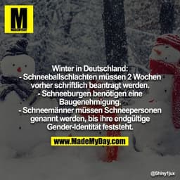 Winter in Deutschland:
- Schneeballschlachten müssen 2 Wochen vorher schriftlich beantragt werden.
- Schneeburgen benöti