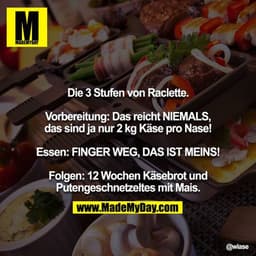 Die 3 Stufen von Raclette.

Vorbereitung: 
Das reicht NIEMALS, das sind ja nur 2 kg Käse pro Nase!

Essen: 
FINGER WEG, 